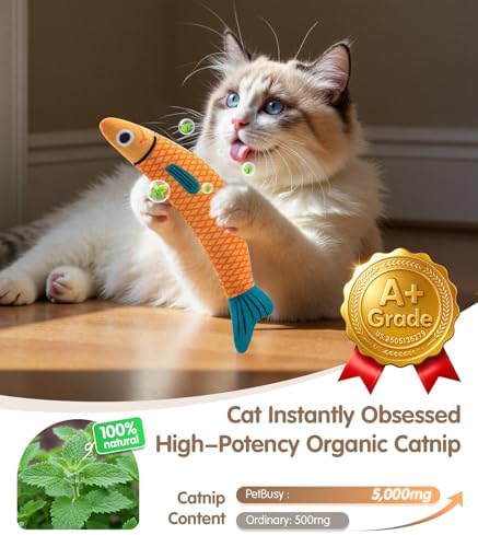 PetBusy Cat Toys with[5000mg A+Natural Catnip &Silvervine] [Baby Grade] Interactive Soft Chew Kicker Cat Toys for Indoor Cats & Kittens, [Crinkle &Bell] Fish Sound Toy, Drives Bored Cat Crazy with Fun