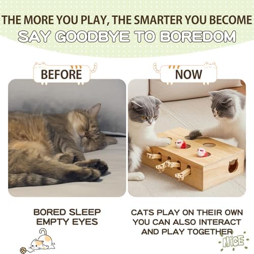 Whack a Mole Cat Toy with Pop Up Mice - Interactive Puzzle Game & Scratch Board for Indoor Cats, Mental Enrichment and Exercise, Fun Cat Puzzle Box Toy