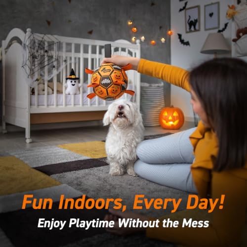 QDAN Halloween Dog Toys, Soccer Balls with Straps, 8 Inch Interactive Toys | Large Dog Herding Balls for Tug of War, Durable Ropes Toys for 30-90 lbs Dogs, Outside Training Chase Toy, Puppy Birthday