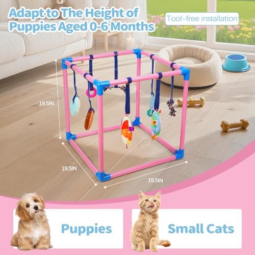 Liitrton Puppy Play Gym for Small Dogs with 8 Hanging Toys, Pink