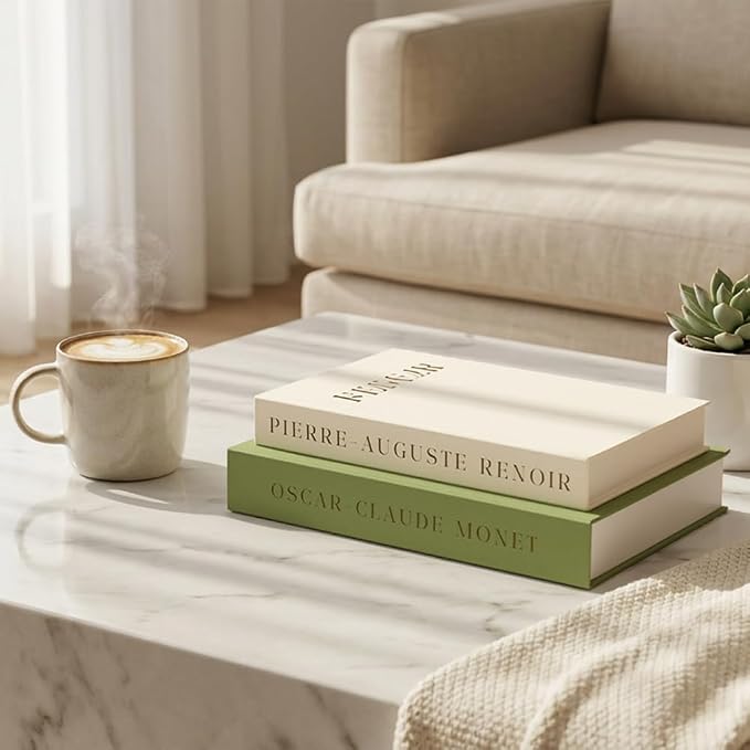 Aesthetic Decorative Books - Set of 2 Linen Fake Books Enhance Your Coffee Table, Home Decor, Living Room, Bookshelf or Mantle Decor, Modern Stackable Faux Book Photo Storage and as a Keepsake Box