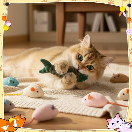 Leitee Cat Toys Bulk Plush Mice Set Fish for Indoor Kittens Puppies