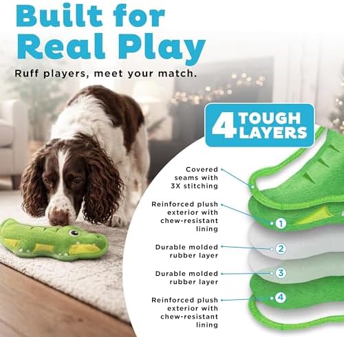 Outward Hound Tough Skinz Dog Toy, Durable Plush with 2X Lining, No Stuffing, Jumbo Squeaker, Alligator, 9.5"