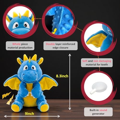 Squeaky Plush Dragon Dog Chew Toy - 8.3‘’X9‘’ Dog Toy for Small/Medium Dogs to Keep Pups Busy，Chewer Dog Toy with Crinkle Paper（Blue）