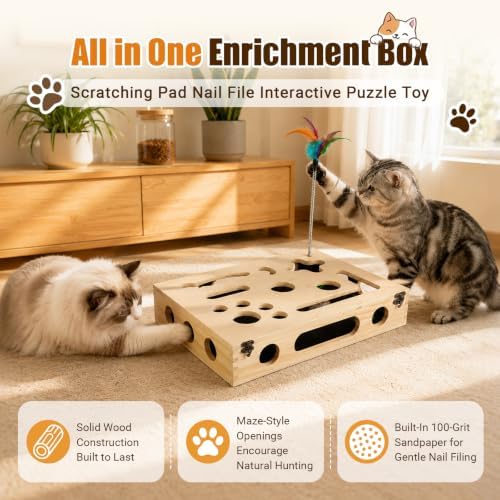 Cat Scratch Puzzle Enrichment Box, Wooden Interactive Toy for Indoor Cat