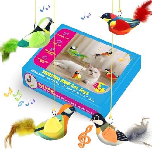 4PCS Interactive Hanging Bird Cat Toys Set - with Catnip, Realistic Chirping, Lifelike Birdie Tweets, Durable & Safe, Indoor Kitty Kitten Exercise Toys (Mini)