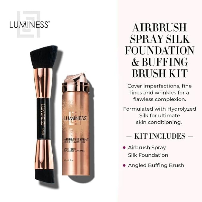 LUMINESS Face Time All In One Makeup Kit - Includes Face Palette, Airbrush Foundation, and Makeup Brush - Long-Wearing, Silky, Soft, Easy to Blend, 3-PC Make Up Set (07 - Warm)