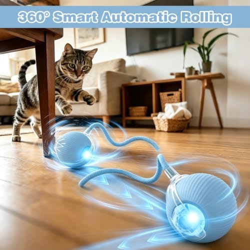 Automatic Interactive Rolling Cats Toys Ball for Indoor, Electric Automatic Rolling Pet Toy, 360° Smart Interactive Rolling Dog Ball Durable and Safe Material for Cat and Dog(Blue)
