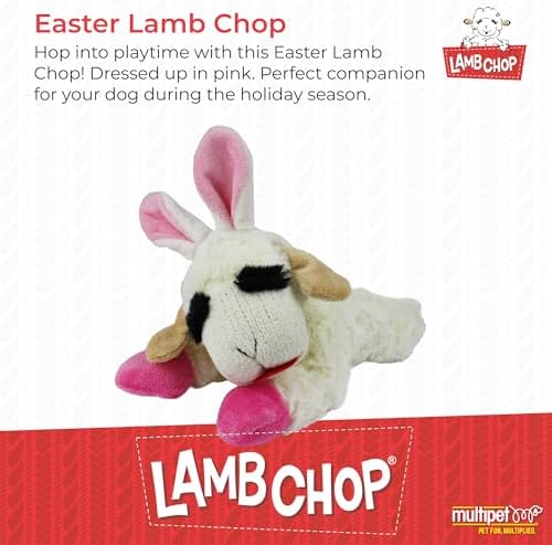 Multipet Lamb Chop Dog Plush Toy w/Easter Bunny Ears - Squeaky Toy for All Dogs - Extra Soft Plush - Stuffed Animal for Cuddling & Playing (6”, Cream/Pink)
