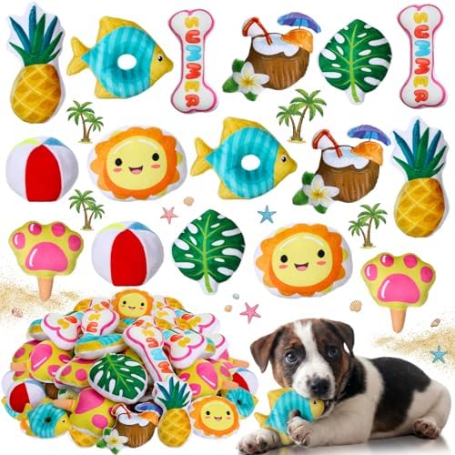 Soulchen 80 Pcs Summer Dog Toys Set Puppy Squeaky Toys Bulk Cute Stuffed Plush Dogs Chew for Small Medium Pet with Squeakers for Fun & Teething Birthday Gifts Party Party