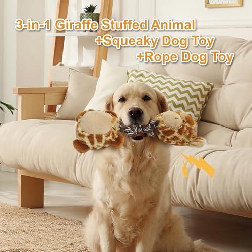Giraffe Plush Squeaky Dog Toy with Rope Neck Puppy Teething Chew Toy Cute Soft Fun Multi-Functional Interactive Tug of War Dog Rope Toy for Small Medium Large Dogs Toy Gift 30cm/11.81in