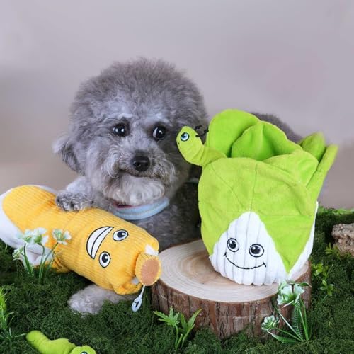 Interactive Pet Puzzle Toy, Plush Cabbage Hide & Seek Treat Dispenser with Squeaker, 7.09 x 5.12 Inches, AZO-Free, Non-Toxic Dyes. Green