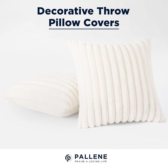 Pallene Faux Fur Decorative Throw Pillow Covers 22x22 Set of 2, Cream White | Luxury Plush Texture, Striped Design, Cozy Soft Touch, Modern Home Accent Decor for Couch, Sofa, Bed, Living Room