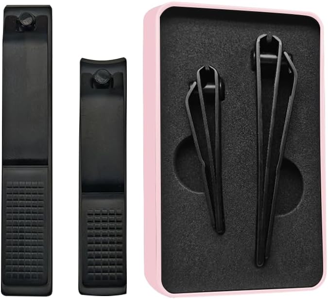 Nail Clippers Set Sharp Black Nail Cutter Fingernail Toenail Clipper with Case Large and Small 2 Piece (Pink case)