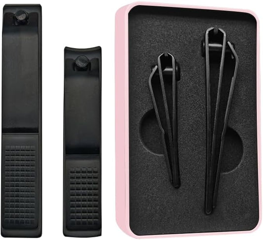 Nail Clippers Set Sharp Black Nail Cutter Fingernail Toenail Clipper with Case Large and Small 2 Piece (Pink case)