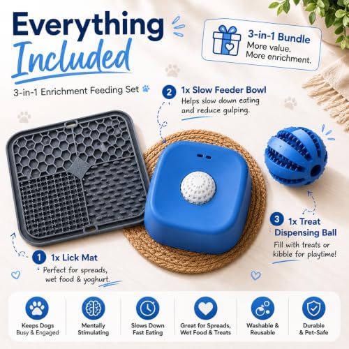 3-in-1 Dog Lick Mat & Slow Feeder Bundle with Treat Dispensing Ball, Interactive Feeding Bowl, Anxiety Relief Pet Feeding Toys, Washable Puzzle Feeding Set for Dogs