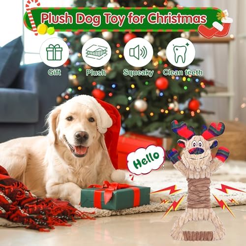 Christmas Dog Toys, Plush Squeaky Dog Toy with Crinkle Paper, Cute Christmas Puppy Toys with Cotton, Durable Interactive Dog Chew Toys for Puppy Small Medium Large Breed