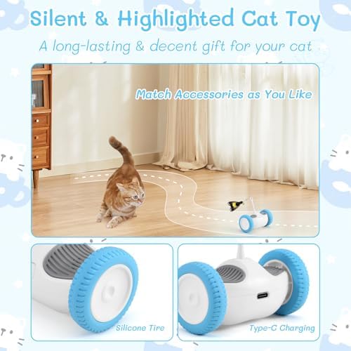 Interactive Cat Toy, Kitten Toy for Indoor Cats, Automatic Cat Toy with LED Lights, Cat Mouse Toy, USB-C Rechargeable (NOT for Carpet)