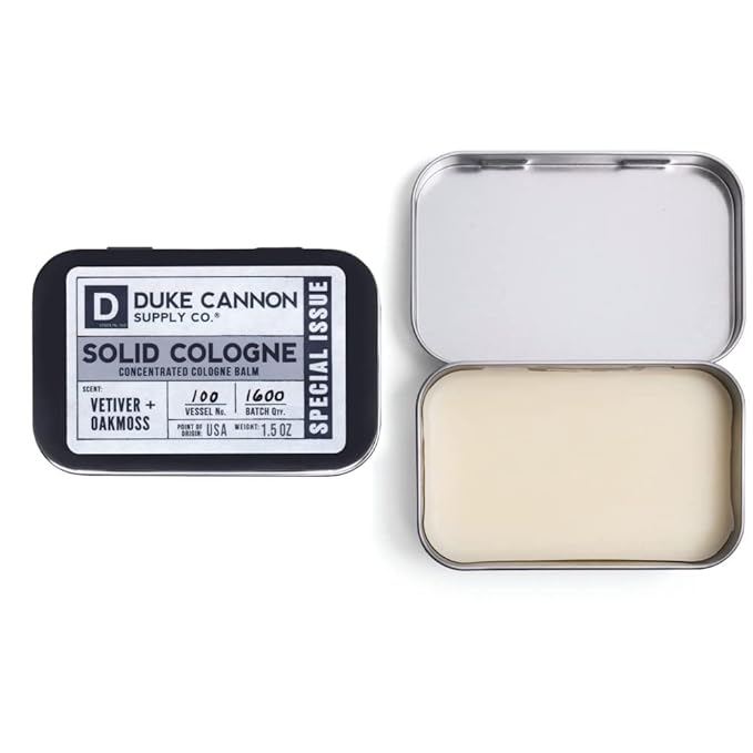 Duke Cannon Supply Co. Solid Cologne for Men Special Issue Vetiver and Oakmoss (Fresh Air, Sandalwood) - Concentrated Balm, Travel-Friendly Tin, 1.5 oz