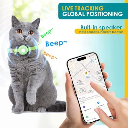 Cat Tracker, GPS Tracker, Compatible with Apple Find My App(Only iOS), Waterproof Cat Trackers Collar with Bell and Safety Elastic Buckle, No Monthly Subscription Fee Pet Tracker, Green
