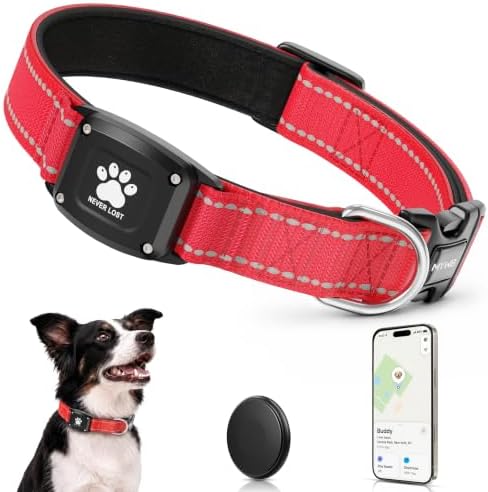 GPS Dog Collar with Tracker, Waterproof, No Monthly Fee, Red, L | Works with Apple Find My, iOS Only, MFi Certified, No SIM Card, for Large Dogs, Reflective Padded Nylon, Neck 16.5-23.5 in