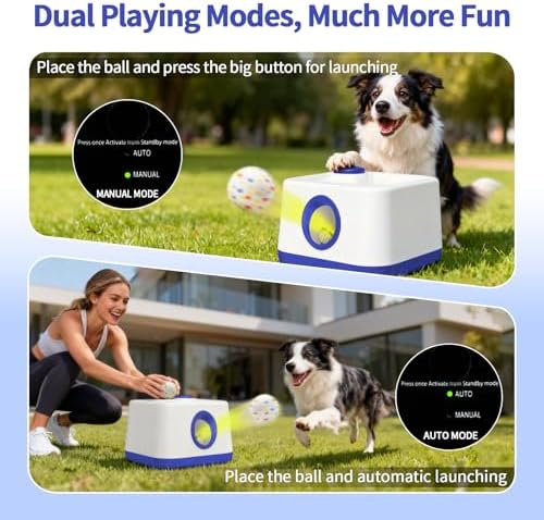 Automatic Dog Ball Launcher, Dual Auto-Manual Modes with Dog Barking Sound, Interactive Dog Fetch Toy, 3 Adjustable Distances, Dog Balls Thrower for Small & Medium Dogs, with 4 Durable ETPU Balls