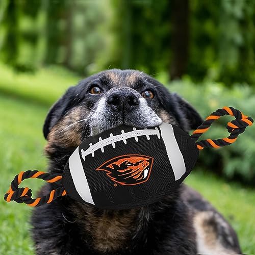 Pets First NCAA Oregon State Beavers ORS-3121NCAA Oregon State Nylon Football Dog Toy with Inner Squeaker & Tough Ropes for Tug-of-war Games, Black, One Size