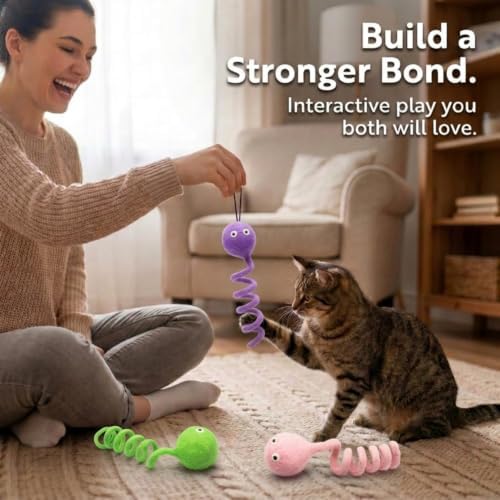 Glaciart One Felt Spring Cat Toy – 3 Pcs Soft Fuzzy Enrichment 100% Natural Wool - Interactive Stretchable Play Set - Safe for Pets, Non-AZO Colored Dyes - 4” Long