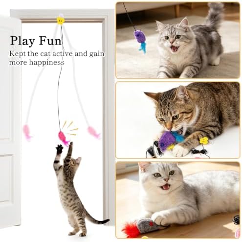 Hanging Door Cat Toy with Elastic String, Interactive Cat Toys for Indoor Cats, Retractable Door Hanging Cat Teaser with Bell/Feather/Plush (Plush Mouse 3 Pack)