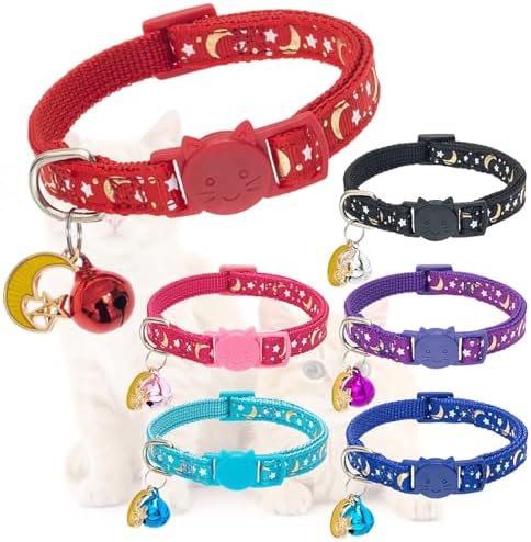 KOOLTAIL Glow in The Dark Cat Collar Breakaway with Bells,6 Pack Moonlight Cute Kitten Collars, Personalized Reflective Safety Buckle Stars&Moon Charm Pet Collars for Kitty Boys Girls, Pink Purple