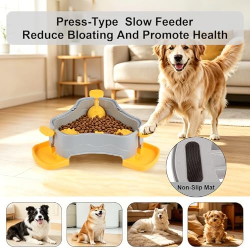 Dog Cat Treat Dispenser Slow Feeder Toy, 3-in-1 Interactive Dog Puzzle Press Toys, Dog Enrichment Toy No-Slip Interactive Brain Training Toys for Smart Dog Cats (Grey/Yellow)