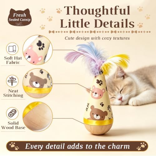 Wooden Interactive Cat Toy, Natural Beechwood Self‑Righting Weeble Toy