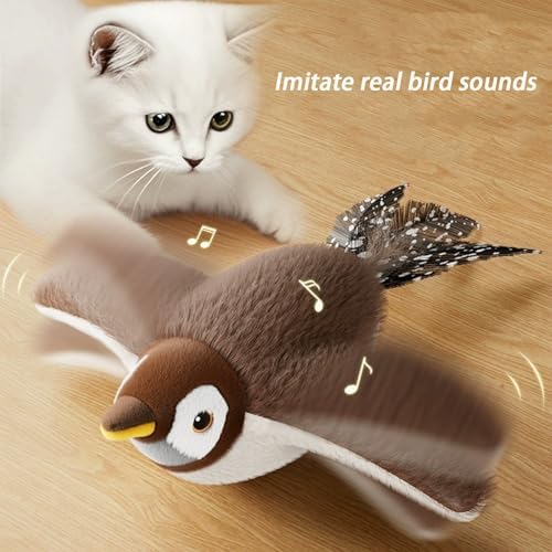 Flying Bird Shape Cat Toy for Indoor Cats - Automatic Interactive Cat Toy with Flapping Wings & Chirping Sounds, Electric Simulation Sparrow, Realistic Hunting Toy for Bored Cats (Brown)