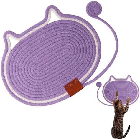 Cat Scratcher Mat Natural Cotton Rope Oval Horizontal Floor Cat Scratch Bed Pad with Ball Toy Protector for Furniture Floor Wall (Purple, 1PC)