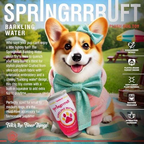 Springrrruft Barkling Water – Luxurious Parody Plush Dog Toy with Squeaker, Premium Fabric, Embroidered Details, Designer-Inspired Chew Toy, Fun Gift for Medium Dogs & Dog Lovers