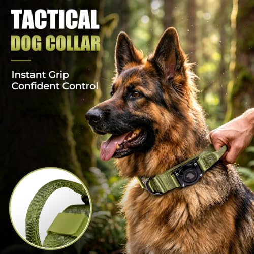 Tactical AirTag Dog Collar with Holder for Medium Large Dogs, Green, XL
