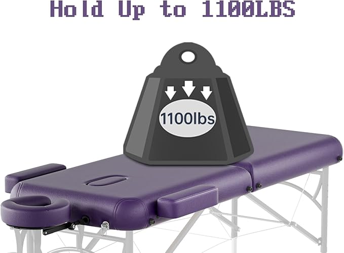 Professional Massage Table Portable 2 Fold Premium Memory Foam Aluminium Leg Hold Up to 1100LBS 8 Heights Adjustable with Carrying Bag Violet