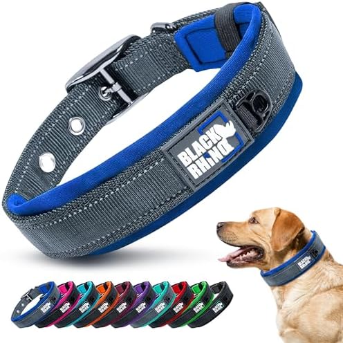 Black Rhino Dog Collar for Large Dogs - Adjustable Reflective Heavy Duty Dog Collar with Ultra-Soft Neoprene Padding - Weatherproof, Durable, and Comfortable for Active Dogs - Sport Blue and Black