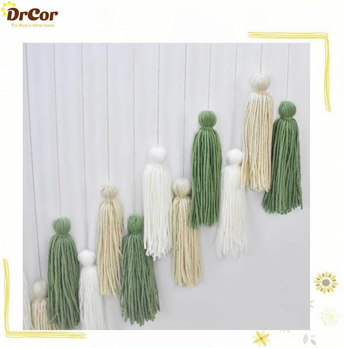 DrCor Sage Green Boho Tassel Garland Wall Hanging Decor | Handcrafted yarn fringe for classroom, dorm, baby shower and farmhouse styling. Lightweight, easy to hang, reusable.