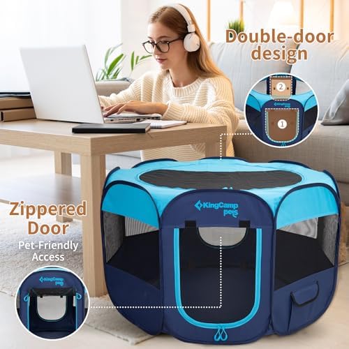KingCamp Dog Playpen, Portable Foldable Cat Kitten Puppy Tent Crates 29"/36"/50" Pop Up Pet Playpen with Zippered Bottom & Cover for Indoor Outdoor Use (Small, Blue)