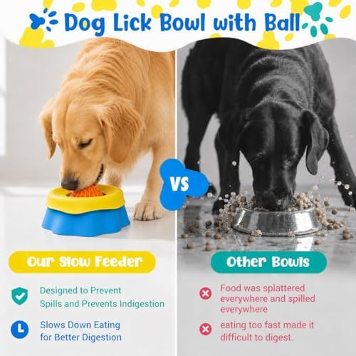 Dog Licking Bowl with Rolling Ball for Liquid Treats, Anti Slip Slow Feeder Dog Bowls with Ice Ball Mold & Clean Brush, Enrichment Puzzle Toy for Small and Medium Dogs