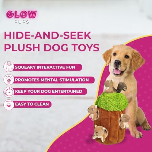 Glow Pups Squirrel in Tree Hide and Seek Plush Squirrel Inside Trunk Interactive Burrow Dog Toy for Small and Medium Size Dogs, Tree with Squirrels