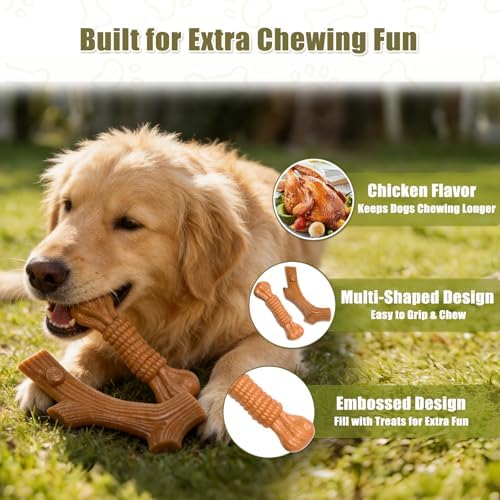 SCHITEC Dog Chew Toys for Aggressive Chewers, [2 Pack] Tough Bone and Stick Set with Chicken Flavor, Long Lasting Durable Teething Toy for Medium Large Dogs