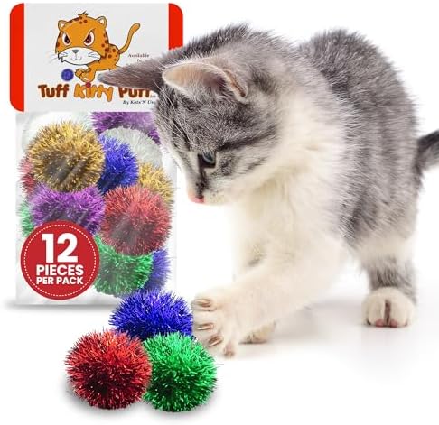 Tuff Kitty Puff 1.5 Inch Standard Sparkle Ball Cat Toy - 12pk Multi-Color