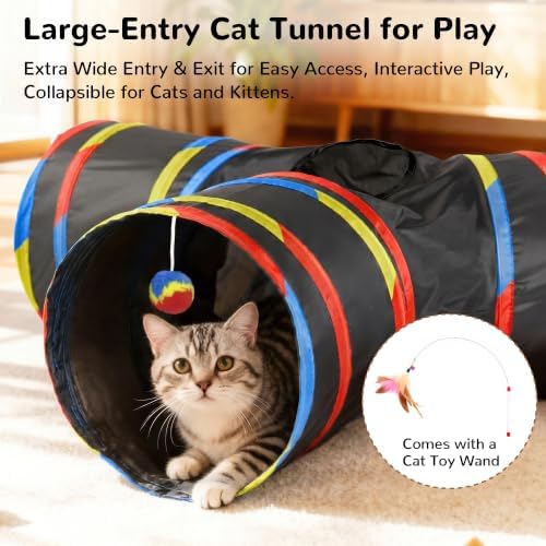 Tempcore Cat Tunnel, 3-Way Collapsible Toy for Indoor Cats, Black & Rainbow
