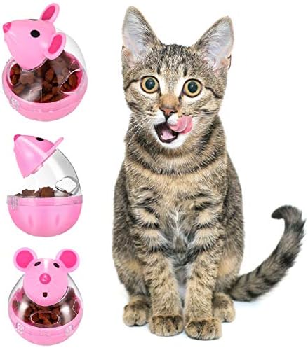4 Pcs Cat Food Ball Dispenser - Slow Feeder Mice Shaped | Tumbler Toy for Interactive Training (Pink, White)