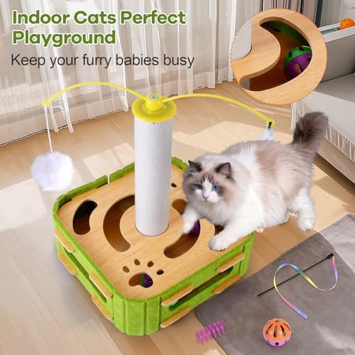 5-in-1 Cat Puzzle Box Toy for Indoor Cats Boredom Relief Interactive Wooden Cat Enrichment Maze with Balls, Feather Wands & Spiral Springs, Slow Feeder Treat Dispenser for Kittens & Adult Cats