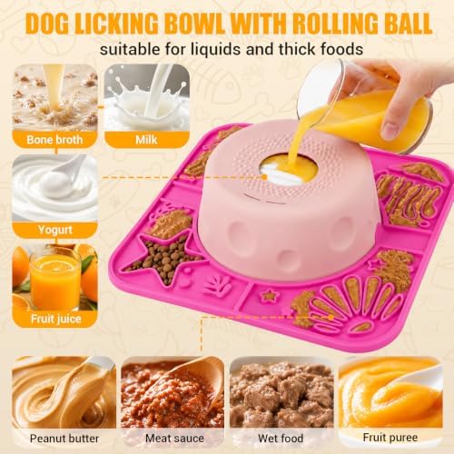 Slow Feeder Dog Bowl with Rolling Ball, 2 in 1 Dog Lick Bowl with Mat