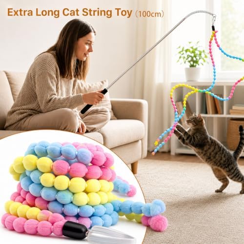 Interactive Cat Wand Toy Set for Indoor Cats, 2 Retractable Teaser Wands with Extra Long String, Handmade Sisal Rope Toys, Worm Refills, Catnip Mouse,11Pack