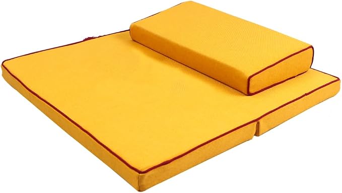 Portable Foldable Meditation Cushion Mat Set with Washable Cotton Linen Cover, Larger Thick Yoga Mat Bolster Floor Pillows Seating for Adults Meditation Accessories yellow-70cm